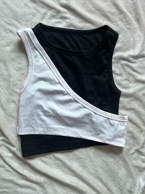 SHEIN Black & White Cross Cut Layered Ribbed Tank